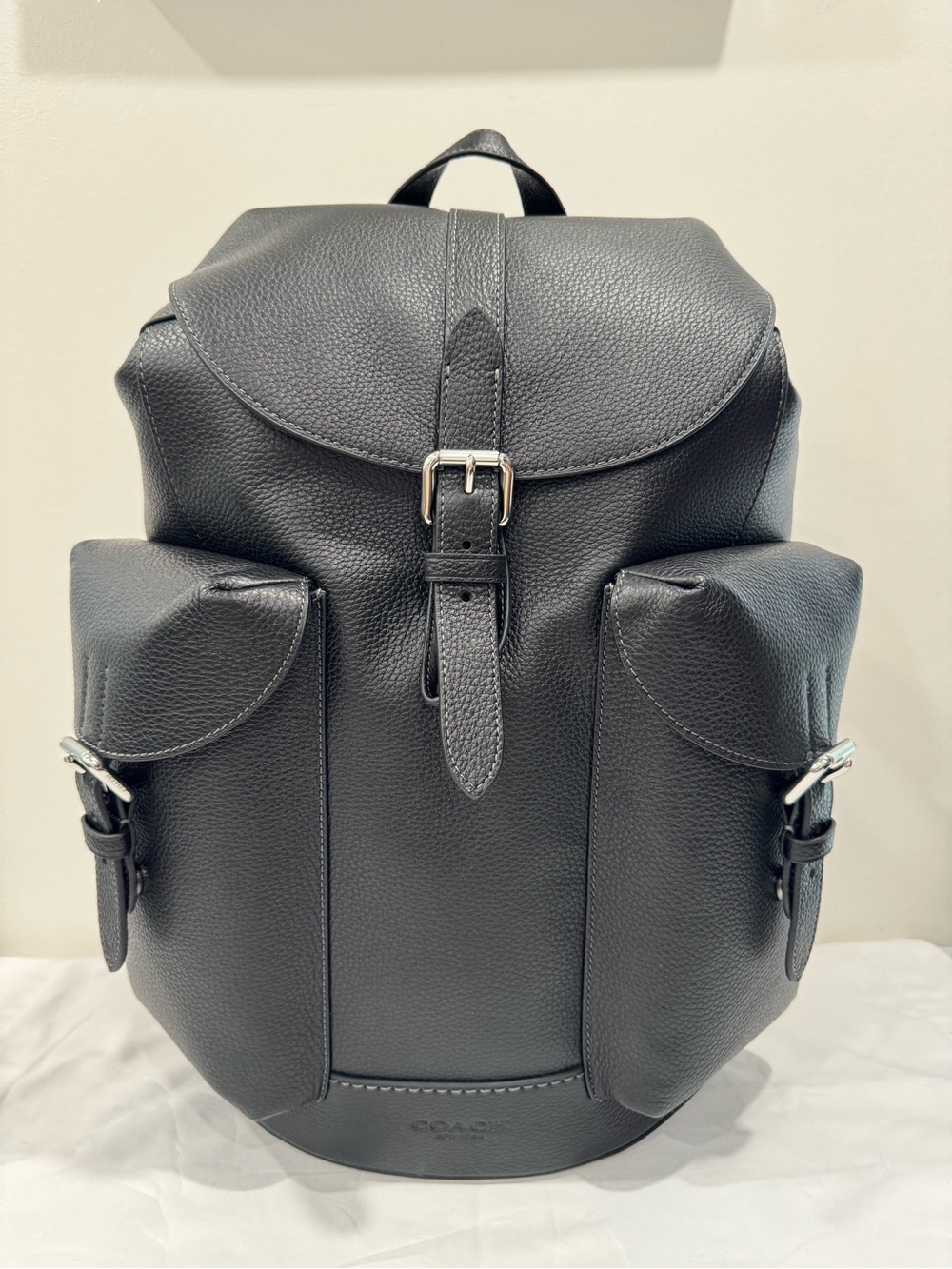 Brand New Coach Black Pebbled Leather Backpack with Front Buckle Pockets